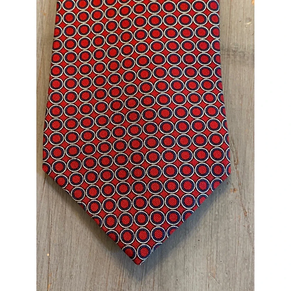 Lauren Ralph Lauren Mens Red Navy Blue Geometric Circle Silk Necktie Made in USA